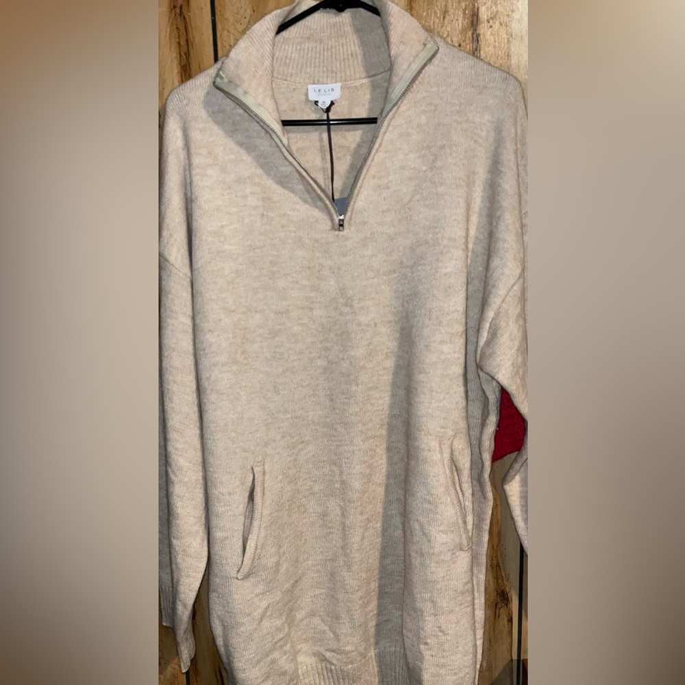 LELIS Women’s Taupe Knit Half-Zip Sweater NEW & Cute Extra Long Comfy